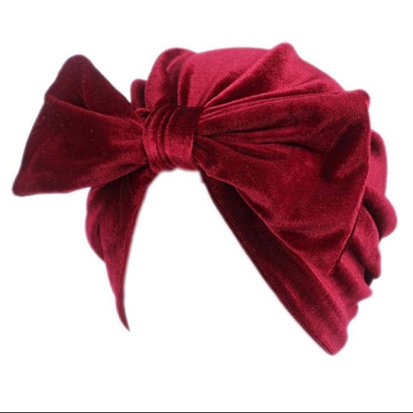 Burgundy Velvet Holiday Bow Turban Headband Hat - Picture 3 of 3